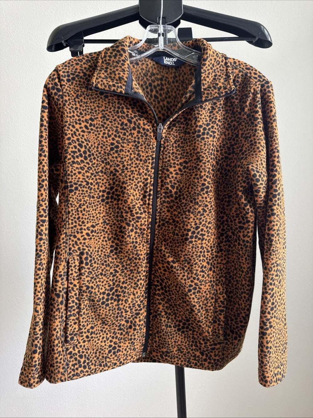 Lands End Women's Fleece Full Zip Cheetah Print Pullover Jacket Size Medium P